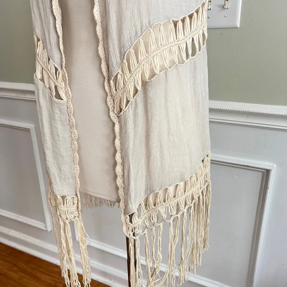 Boho Fringe Vest Womens OS Macrame Crochet Gauze Beige‎ Festival Kimono